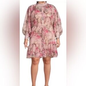 Alex Marie Rose Chiffon Luna Henley Floral Sheer Long Sleeve Dress.